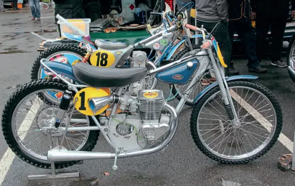  ??  ?? Immaculate Jawa. 'Briggo' was (and is) world champion Barry Briggs, official UK Jawa importer for some years. Dula bike behind has a Hans Zierk engine. Zierk was also a successful rider before producing equally successful track bikes for a number of years - his riders included Egon Muller.