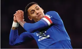  ?? Ian MacNicol/Getty Images ?? James Tavernier celebrates scoring his second goal in Rangers’ semi-final win. Photograph: