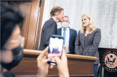  ?? JABIN BOTSFORD/THE NEW YORK TIMES ?? Frances Haugen is greeted by Sen. Richard Blumenthal before testifying Tuesday in Washington.