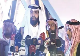  ??  ?? Qatar’s Sheikh Sultan bin Suhaim speaks during a tribal meeting of Saudis at Jouf Bani Hajjer in the east of Saudi Arabia.