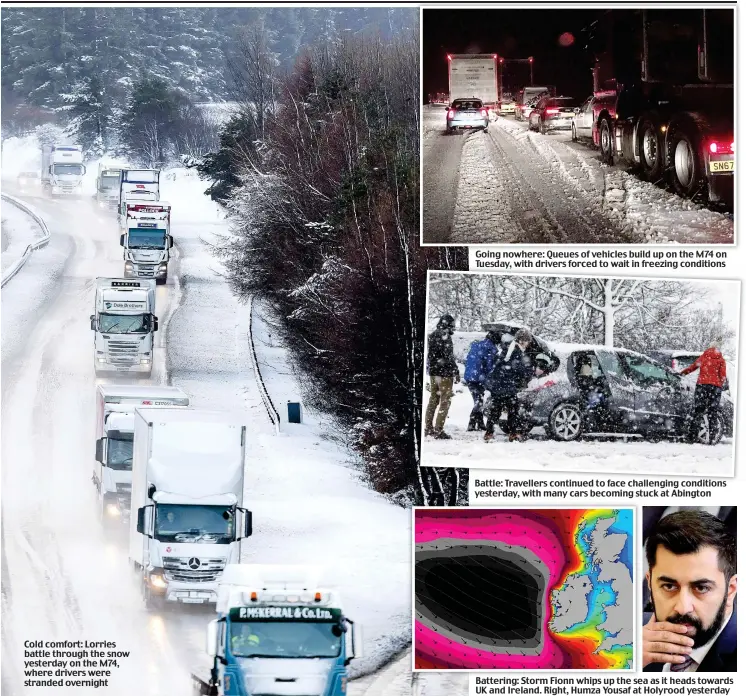  ??  ?? Cold comfort: Lorries battle through the snow yesterday on the M 4, where drivers were stranded overnight