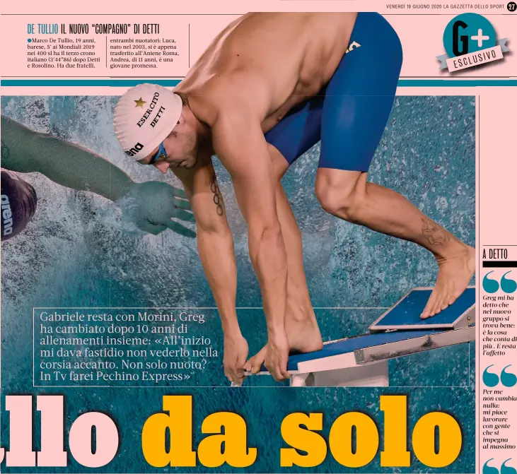  ??  ?? 3 Mondiali 2019: Detti, bronzo, e Sun, oro, sul podio. Horton rimane giù per protesta LAPRESSE 4 Detti in versione glamour DEEPBLU MEDIA 5 Detti con Marco De Tullio, 19 anni.