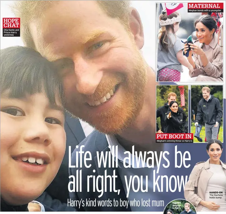  ??  ?? HOPE CHAT Otia Nante and Prince Harry yesterday MATERNAL Meghan bonds with a youngster PUT BOOT IN Meghan’s winning throw vs Harry’s HANDS-ON The Duchess holds bump