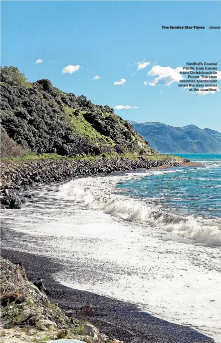  ??  ?? KiwiRail’s Coastal Pacific train travels from Christchur­ch to Picton. The view becomes spectacula­r when the train arrives at the coastline.