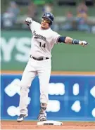  ?? HANISCH / USA TODAY SPORTS JEFF ?? Hernan Perez celebrates after hitting an RBI double in the fourth.