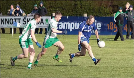  ??  ?? Paudge McWalter surges forward for St Pat’s in their opening league game with Baltinglas­s in Dunbur Park.