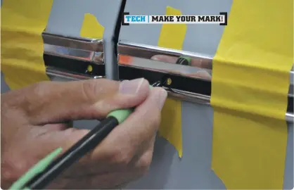  ??  ?? 18
Place a small piece of tape behind where each screw hole needs to be drilled. Using a pen or pencil, mark the hole placement on the tape through the molding. There are six screw locations on each side, the rear of upper and lower fender, front of upper and lower door, and rear of upper and lower bed moldings.