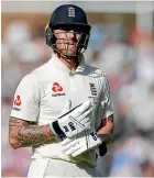 ??  ?? Ben Stokes leaves the field after being bowled by Nathan Lyon.