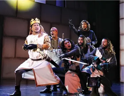  ??  ?? KING ARTHUR (Lorenz Martinez, L) and his knights go on absurd adventures in Monty Python’s Spamalot.