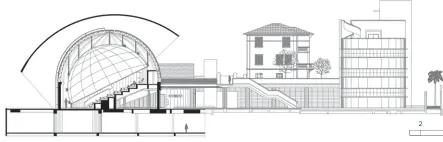  ??  ?? CORTE.
La plaza en dos niveles unifica el conjunto del Planetario, la mansión y el centro de investigac­ión.