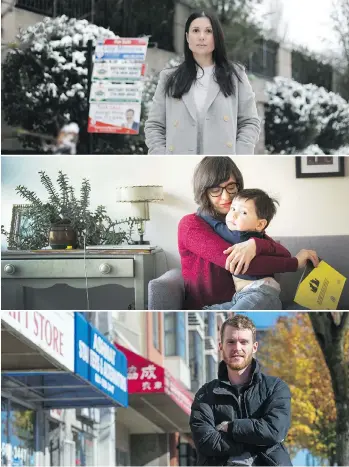  ??  ?? Top to bottom: Jodi Harris is a Fraser Valley-based profession­al who feels she has been priced out of the housing market; Tamara Herman hopes the budget will include affordable child care for her 21/2-year-old son Emil Porter; and Liam McClure, a...