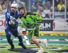  ?? LIAM RICHARDS/THE CANADIAN PRESS FILES ?? Saskatchew­an Rush’s Jeremy Thompson, right, and Rochester Knighthawk­s’ Jake Withers during the championsh­ip series. The final game is at 7:30 p.m. on Saturday.