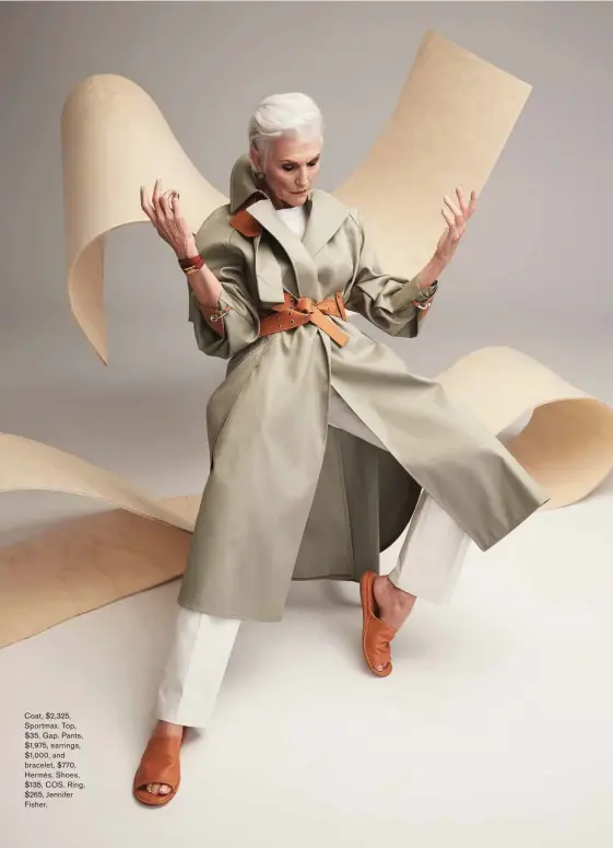  ??  ?? Coat, $2,325, Sportmax. Top, $35, Gap. Pants, $1,975, earrings, $1,000, and bracelet, $770, Hermès. Shoes, $135, COS. Ring, $265, Jennifer Fisher.