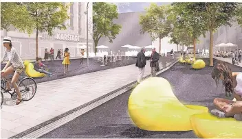  ?? ANIMATION: BRUUN & MÖLLERS ?? In der Mitte der Straße soll ein breiter Radweg (für beide Fahrtricht­ungen) laufen, für die Passanten gibt es markante gelbe Sitzmöbel.