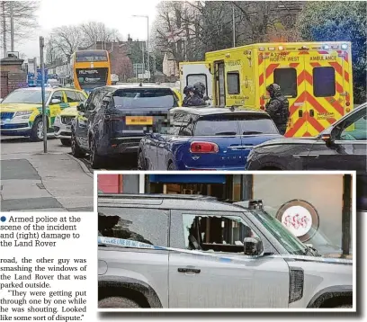  ?? ?? ●●Armed police at the scene of the incident and (right) damage to the Land Rover