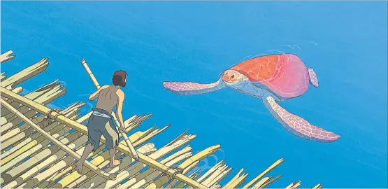  ?? [ Polyfilm ] ?? Perfide findet der Mann das Tier, das sein Floß zerstört, aber . . . „Die rote Schildkröt­e“, zauberhaft­er Animations­film ohne Worte von Michael Dudok de Wit.
