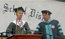  ?? PHOTO: WYOMING AREA SCHOOL DISTRICT/USTREAM ?? Pennsylvan­ia high school valedictor­ian Peter Butera was halted and kicked off stage by principal Jon Pollard because his speech was not the approved version.