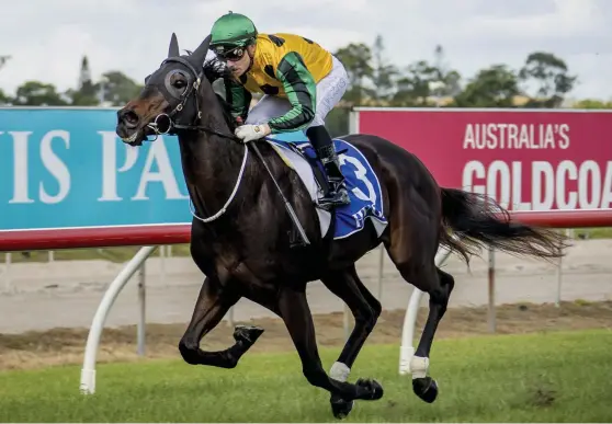  ?? Picture: JERAD WILLIAMS ?? Destiva shows no signs of past problems as jockey Ryan Wiggins guides him to victory at the Gold Coast.