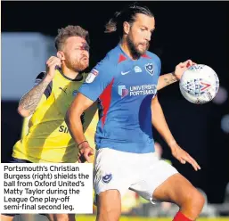  ??  ?? Portsmouth’s Christian Burgess (right) shields the ball from Oxford United’s Matty Taylor during the League One play-off semi-final second leg.