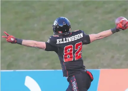  ?? JEAN LEVAC/OTTAWA CITIZEN ?? Ottawa Redblacks wideout Greg Ellingson celebrates his improbable winning touchdown against the Hamilton Tiger-Cats in the East Conference final at TD Place in Ottawa on Sunday. The 93-yard score came on a second-and-25 play in the final two minutes of...