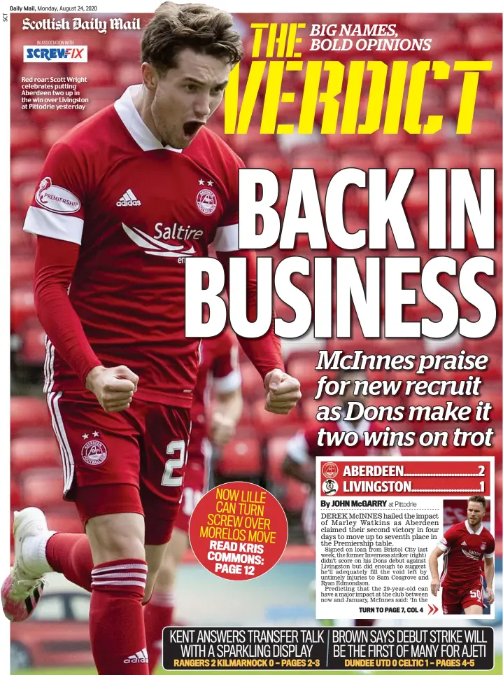  ??  ?? Red roar: Scott Wright celebrates putting Aberdeen two up in the win over Livingston at Pittodrie yesterday