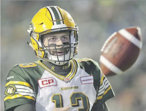  ?? MARK TAYLOR/THE CANADIAN PRESS ?? Eskimos quarterbac­k Mike Reilly is the West nominee and up against the Argonauts’ Ricky Ray for the CFL’s most outstandin­g player award. The winner will be announced Nov. 23.
