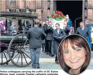  ?? Pictures: JACOB KING / MERCURY ?? Police colleagues carrying the coffin of DC Elaine McIver, inset, outside Chester cathedral yesterday