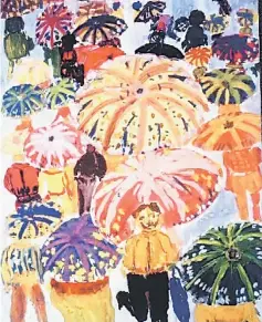  ??  ?? Photo shows a poster painted by a student in Batu Lintang Primary School named ‘Carrying Umbrellas’ in early 1960.