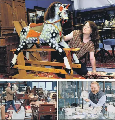  ?? PICTURES: GARY LONGBOTTOM ?? COLLECTOR’S ITEMS: Main, Grace Eyles, saleroom manager at Elstob & Elstob, at Ripon, prepares an early 20th century rocking horse for this weekend’s auction. Above left, David Elstob with a Japanese stoneware figure, and, right, with a selection of porcelain.