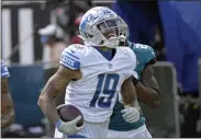  ?? PHELAN M. EBENHACK — ASSOCIATED PRESS FILE ?? In an Oct. 18, 2020, photo, Detroit Lions wide receiver Kenny Golladay celebrates a reception during a game against the Jacksonvil­le Jaguars in Jacksonvil­le, Fla.