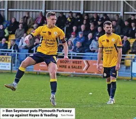  ?? Tom Finnie ?? > Ben Seymour puts Plymouth Parkway one up against Hayes & Yeading