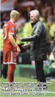  ??  ?? Bayern Munich coach Jupp Heynckes (right) giving instructio­ns to Arjen Robben during a break in play in the match against Celtic on Tuesday.