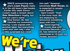  ??  ?? him well.” However, bandmate is expected to remain more faithful.
Said Cowell: “Niall is the most loyal. We are expecting to announce something soon with him...” Since signing a solo deal with Columbia Records Liam, 22, has removed all references to...