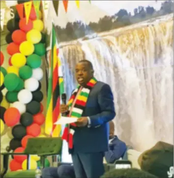  ??  ?? Foreign Affairs and Internatio­nal Trade Minister Retired Lieutenant-General Dr Sibusiso Brandon Moyo addresses delegates at the Zimbabwe Diaspora Engagement luncheon at Zimbabwe House, London, on Saturday April 21, 2018