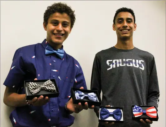  ??  ?? Haley Sawyer/TheSignal (See additional photos on signalscv.com) Saugus student-athletes Isaiah and Josh Duarte are trying to give back to the less fortunate by donating their time, effort and profits from their bow tie business to the homeless community throughout the city of Los Angeles and Santa Clarita Valley.