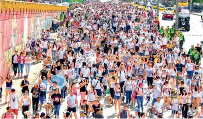  ?? FOTO ?? En forma pacífica marcharon ayer con sus perros por las avenidas San Juan y Colombia los dueños de mascotas de razas calificada­s en la ley como potencialm­ente peligrosas.