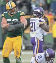  ?? MARK HOFFMAN / MILWAUKEE JOURNAL SENTINEL ?? Packers linebacker Nick Perry strokes his clubbed hand after sacking Bradford on Saturday.