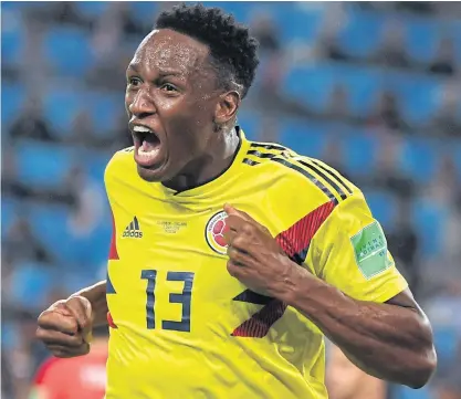  ??  ?? Colombia’s Yerry Mina celebrates after scoring against England at the World Cup.