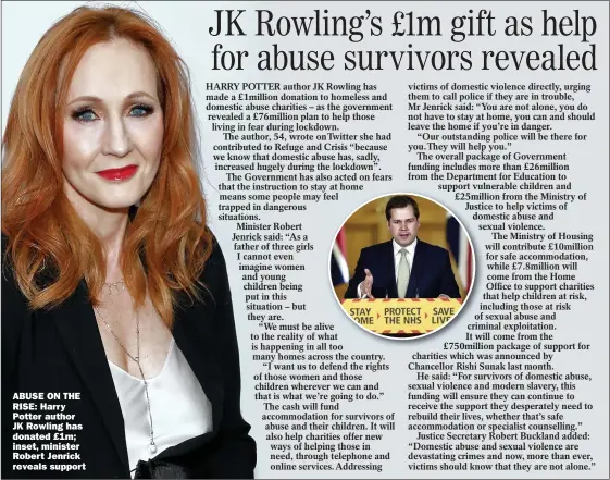  ??  ?? ABUSE ON THE RISE: Harry Potter author JK Rowling has donated £1m; inset, minister Robert Jenrick reveals support