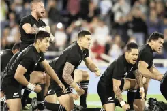  ?? BackpagePi­x ?? TATTOOS are clearly visible on New Zealand’s All Black players as they perform a haka before a match against Argentina in Buenos Aires last year. |