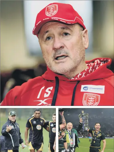  ?? PICTURES: JONATHAN GAWTHORPE, TONY JOHNSON AND PA ?? STILL GOING STRONG: Hull KR coach Tim Sheens is already looking forward to the Hull derby that will kick off their 2019 Super League season. Above left, Sheens coaches Australia at Kirkstall in 2009 and, above right, raises the World Cup in 2013.