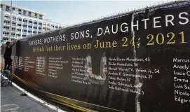  ?? MARTA LAVANDIER / AP ?? Christophe­r Rosa Cruz installs a large banner at the site of the Champlain Towers South condominiu­m building on May 12 in Surfside, Fla. The banner lists the names of the 98 people killed when the building collapsed nearly a year ago.