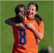  ?? PHOTOSPORT ?? New Football Fern Michaela Robertson celebrates with a Wellington United teammate in 2018.