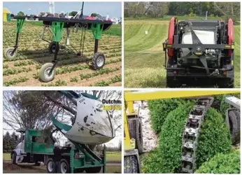  ??  ?? De g. à dr. : une machine à désherber, une autre pour enrubanner la paille, une pour transplant­er les arbres et une dernière pour tailler le buis… Ces engins doivent permettre aux agriculteu­rs de gagner du temps. (Captures d’écrans Facebook et Youtube).