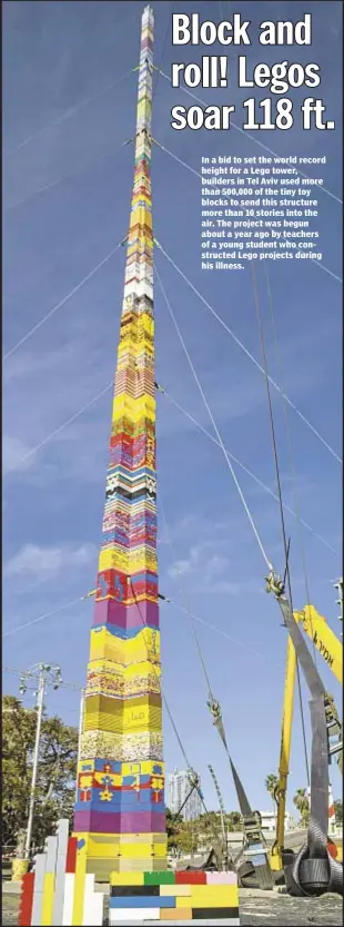  ??  ?? Andrew Keshner In a bid to set the world record height for a Lego tower, builders in Tel Aviv used more than 500,000 of the tiny toy blocks to send this structure more than 10 stories into the air. The project was begun about a year ago by teachers of...