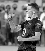  ?? Robert Hanashiro-USA TODAY Sports ?? MLS All-Stars midfielder Damir Kreilach (8) celebrates after making a penalty shot on goal against the Liga MX All-Stars during the 2021 MLS All-Star Game at Banc of California Stadium on Aug. 25 in Los Angeles.