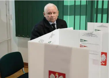  ?? ?? Jaroslaw Kaczynski, leader of the conservati­ve Law and Justice party, casts his ballot in Warsaw during Sunday’s local elections