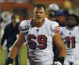  ?? NHAT V. MEYER — BAY AREA NEWS GROUP FILE ?? The San Francisco 49ers’ Mike McGlinchey (69) yells as he leaves the field following their 24-16 win over the Los Angeles Rams at Levi’s Stadium in Santa Clara on Oct. 18.