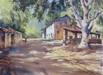  ??  ?? ▲ Dappled Shade, Provence, watercolou­r, 13318in (33345.5cm).
I was tutoring a painting trip on behalf of Alpha Painting Holidays and this glorious subject was in the hotel grounds! The dappled light on the ground, the sunlit tree and barn on the right are key features, so simplifyin­g the foliage throughout was very important