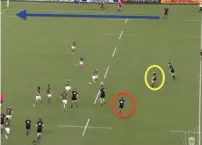  ??  ?? 4– South Africa’s defence was constantly too narrow as a result of the twin threat of Barrett and Mo’unga in midfield. That is an issue which has also hampered Ireland, so one assumes that Andy Farrell will be working overtime this week. We can see how narrow the Boks get as Mo’unga (red) and Barrett (yellow) again drift in field to call the play. Ireland will have paid close attention to that.